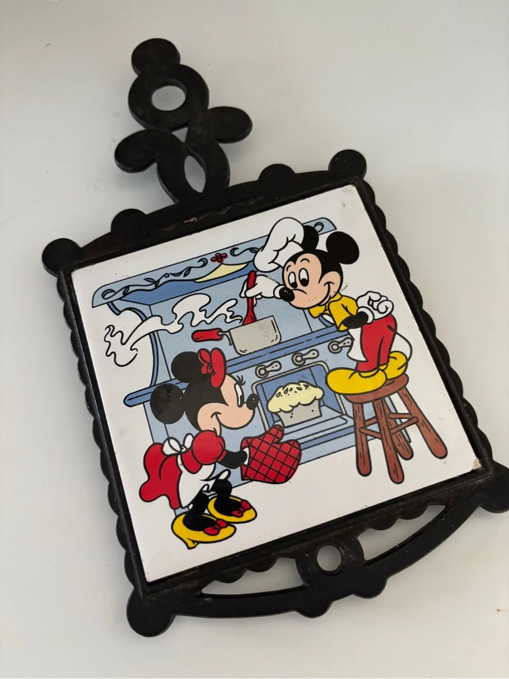Disney Vintage Mickey & Minnie Cooking Ceramic Tile Trivet - 1970s